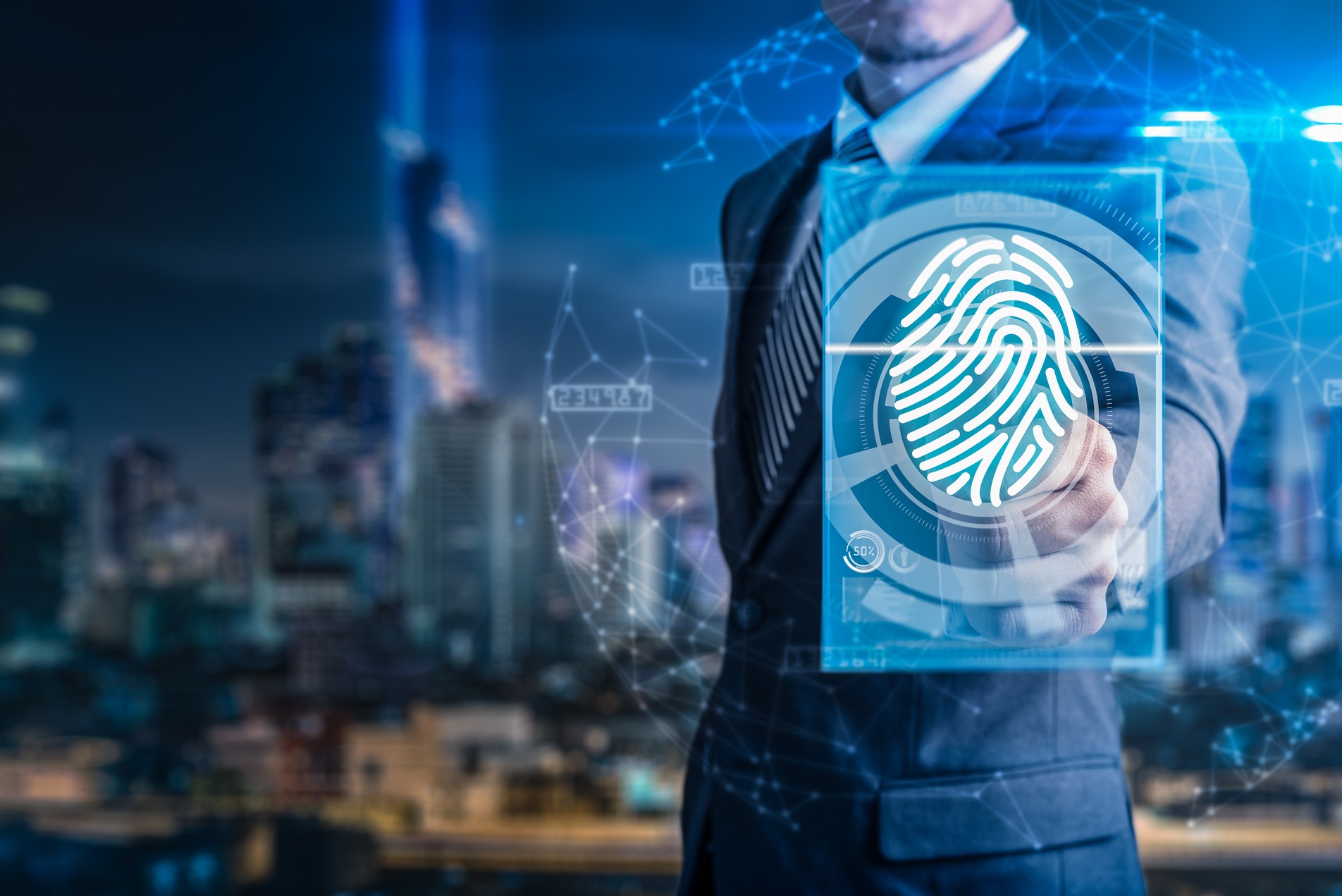A businessman in a suit holds a transparent display showing a digital fingerprint, set against a city skyline, symbolizing cybersecurity and identity verification.